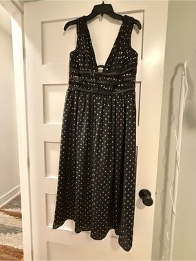 Monique Lhuillier Black Midi Dress with Gold Polka Dots